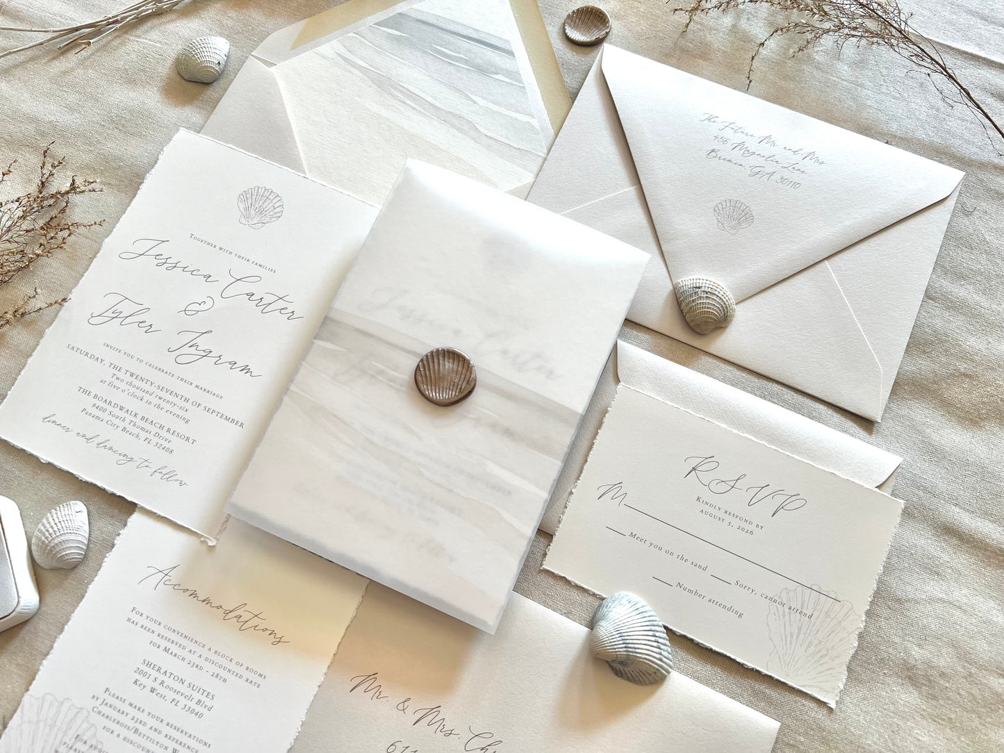 Beach Wedding Invitation with Vellum & Seashell Wax Seal