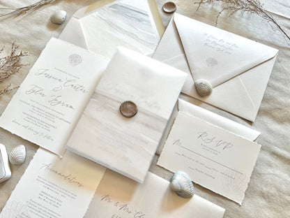 Beach Wedding Invitation with Vellum & Seashell Wax Seal
