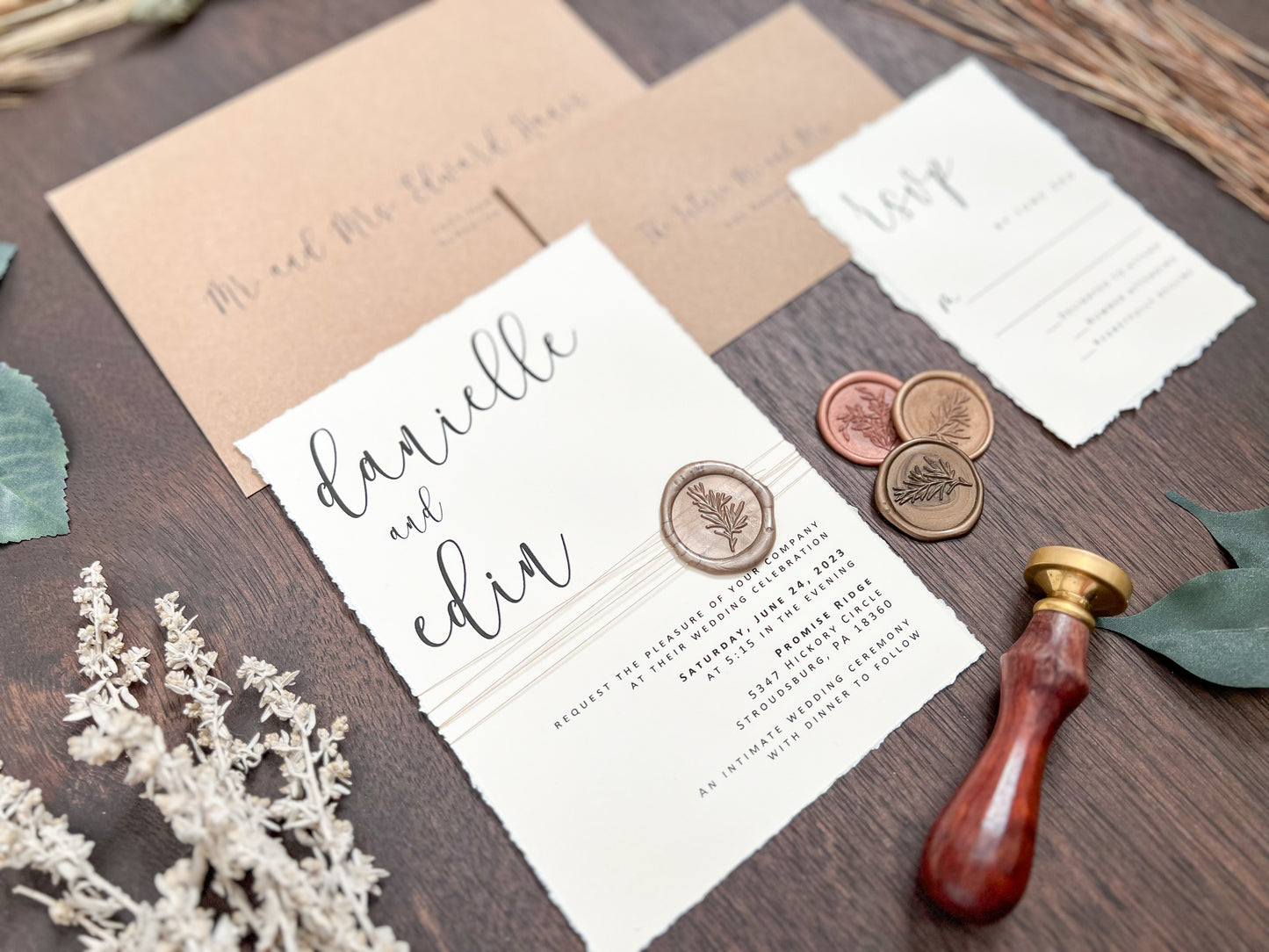 Simple Ivory Wedding Invitation with Deckled Edge, Wax Seal & Thread