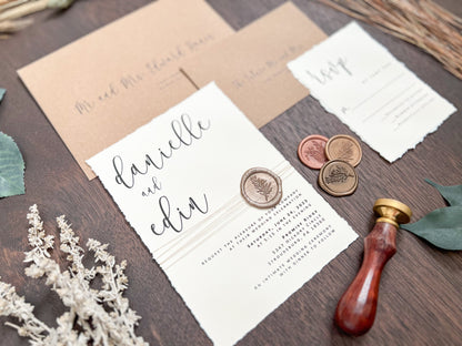 Simple Ivory Wedding Invitation with Deckled Edge, Wax Seal & Thread
