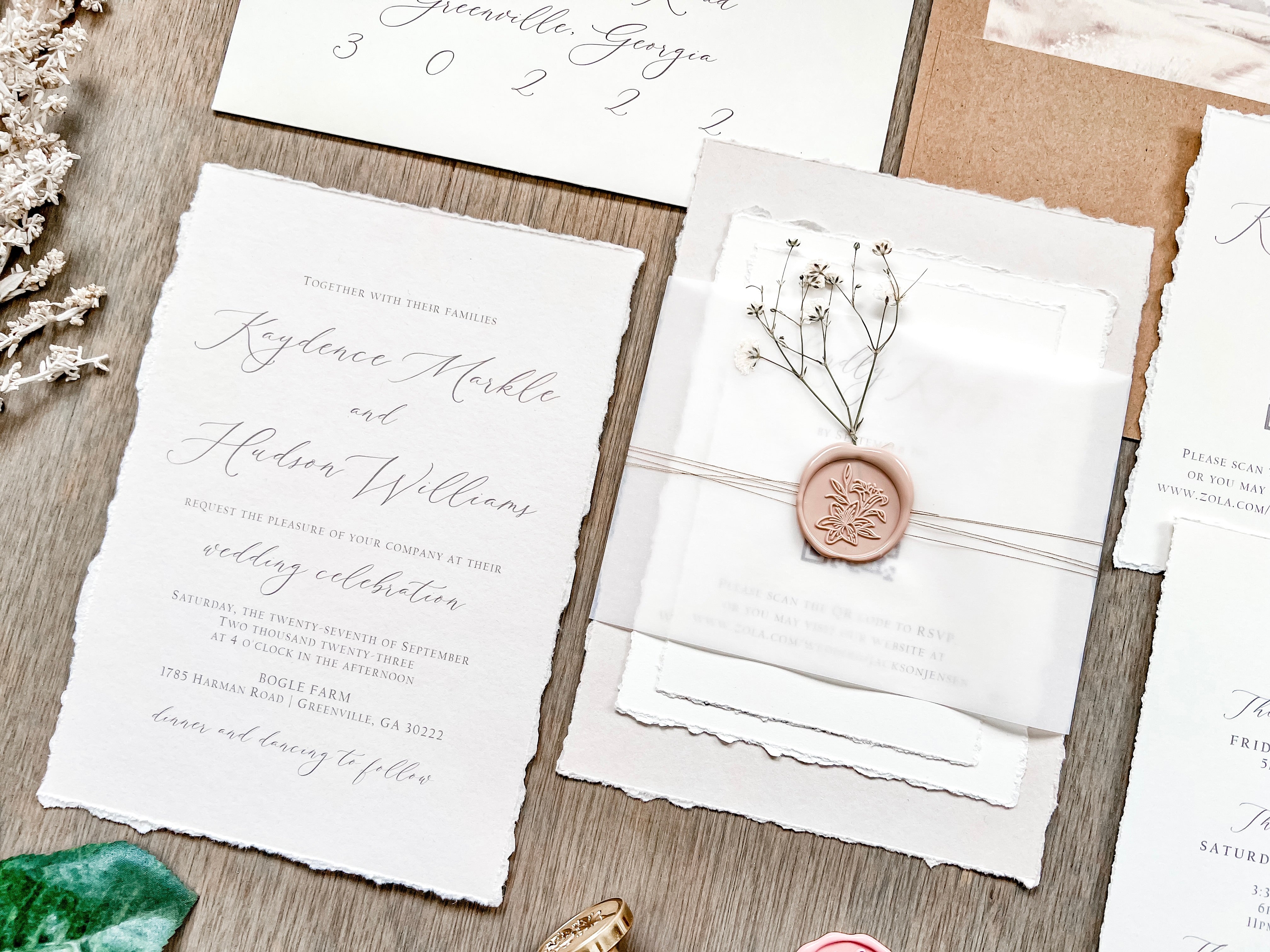 Neutral Wedding Invitation with Baby’s Breath, Deckled Edging, Vellum Belly Band and Wax Seal