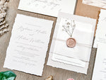 Neutral Wedding Invitation with Baby’s Breath, Deckled Edging, Vellum Belly Band and Wax Seal