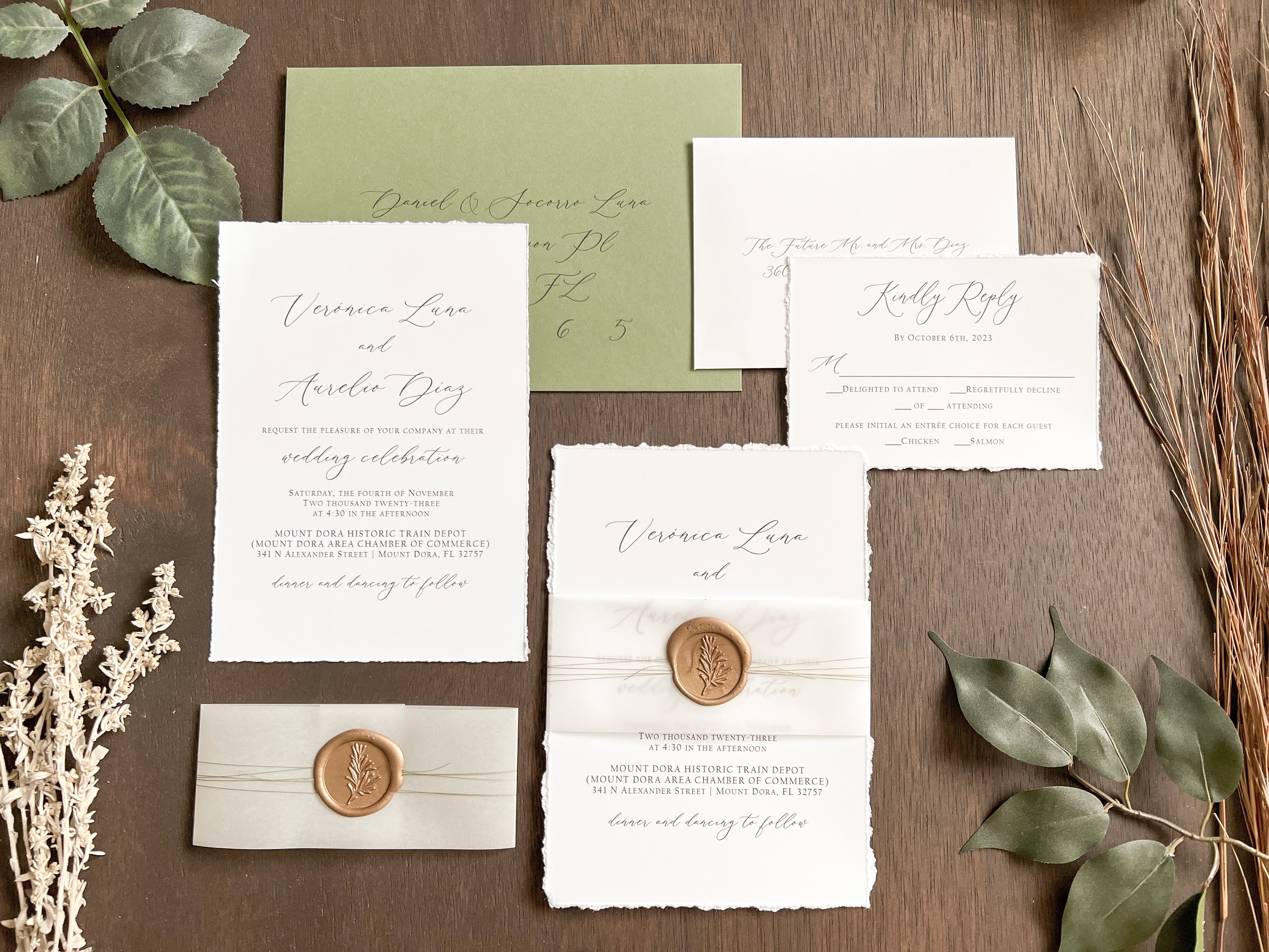 Simple Deckled Edge Wedding Invitation with Vellum and Wax Seal