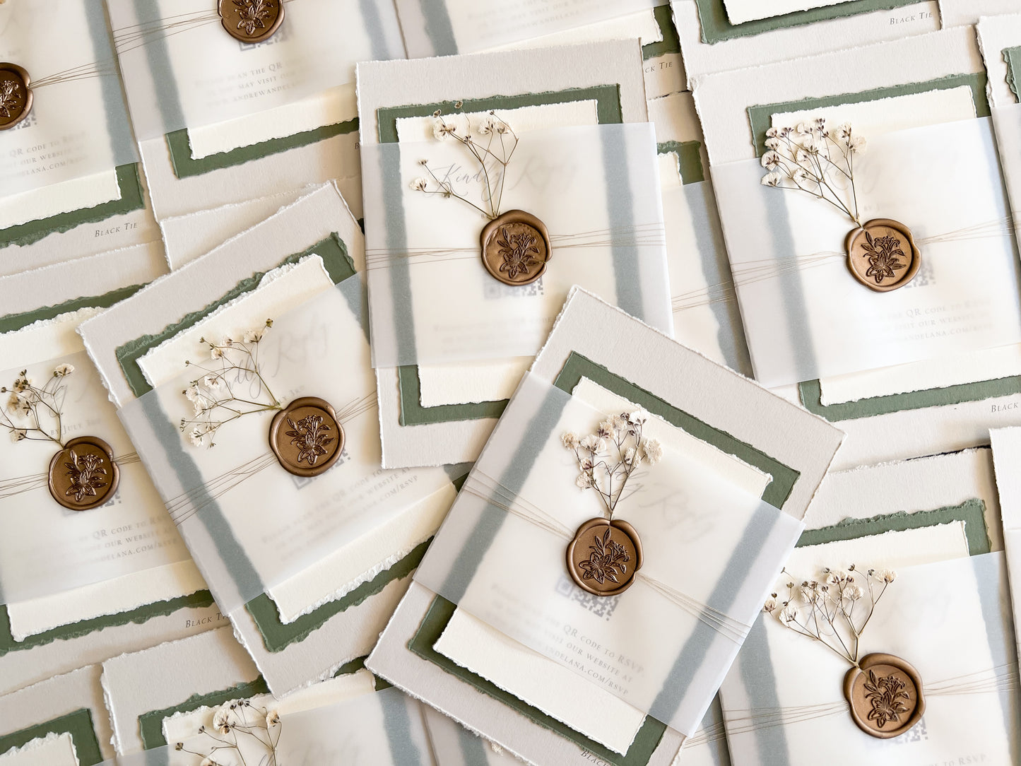 Baby’s Breath Wedding Invitation with Deckled Edging, Baby’s Breath, Vellum and Wax Seal