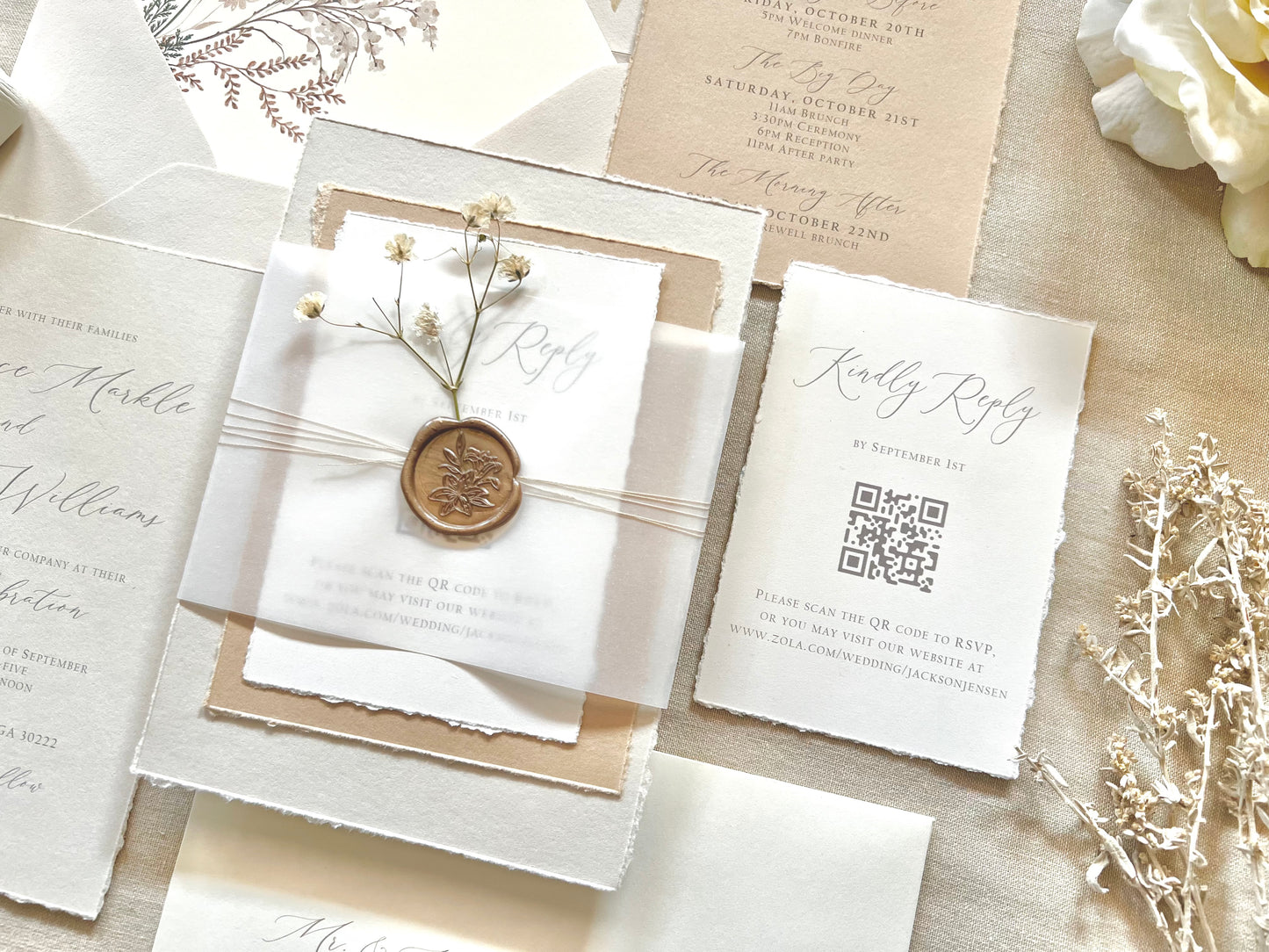 Neutral Baby’s Breath Wedding Invitation with Deckled Edging, Vellum and Wax Seal