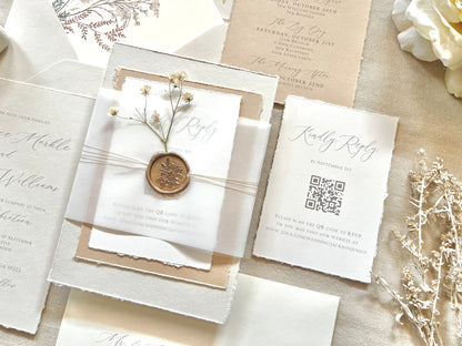 Neutral Baby’s Breath Wedding Invitation with Deckled Edging, Vellum and Wax Seal