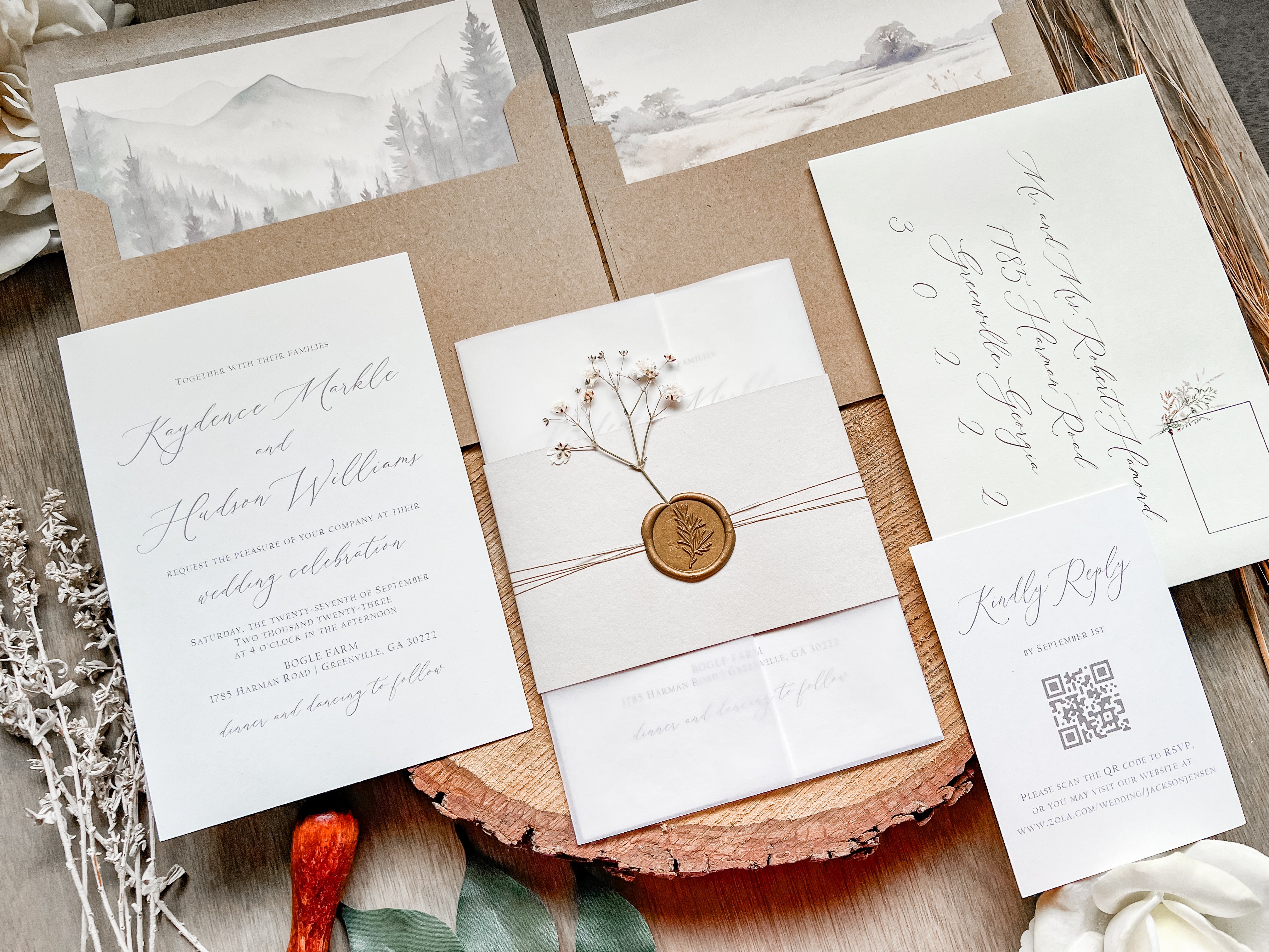 Elegant Wedding Invitation with Baby’s Breath, Beige & Vellum Wrap and Wax Seal