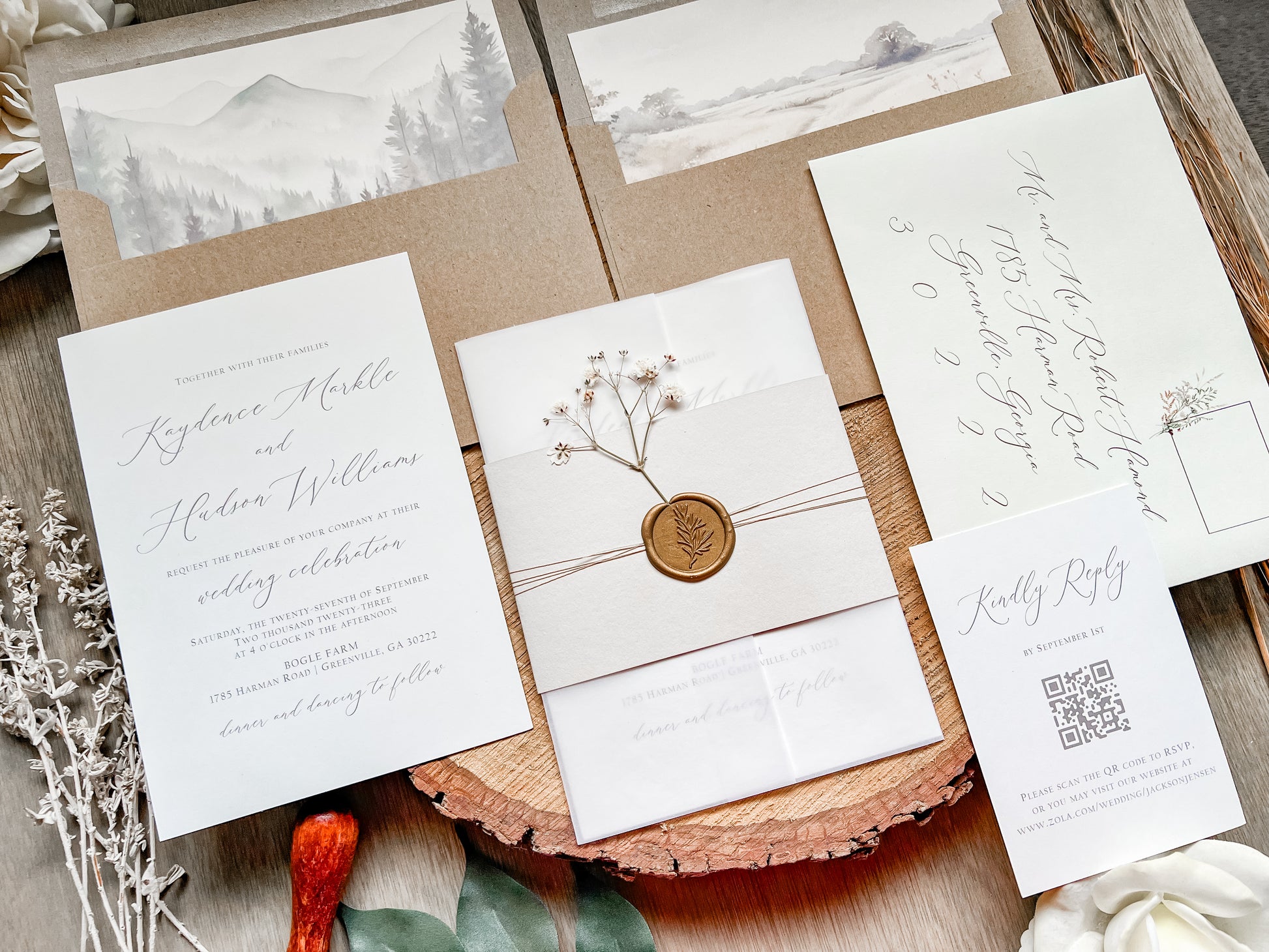 Elegant Wedding Invitation with Baby’s Breath, Beige & Vellum Wrap and Wax Seal