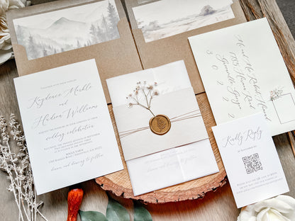 Elegant Wedding Invitation with Baby’s Breath, Beige & Vellum Wrap and Wax Seal