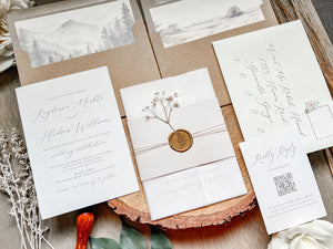 Elegant Wedding Invitation with Baby’s Breath, Beige & Vellum Wrap and Wax Seal