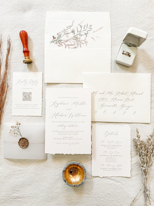 Elegant Ivory Baby’s Breath Invitation with Deckled Edging
