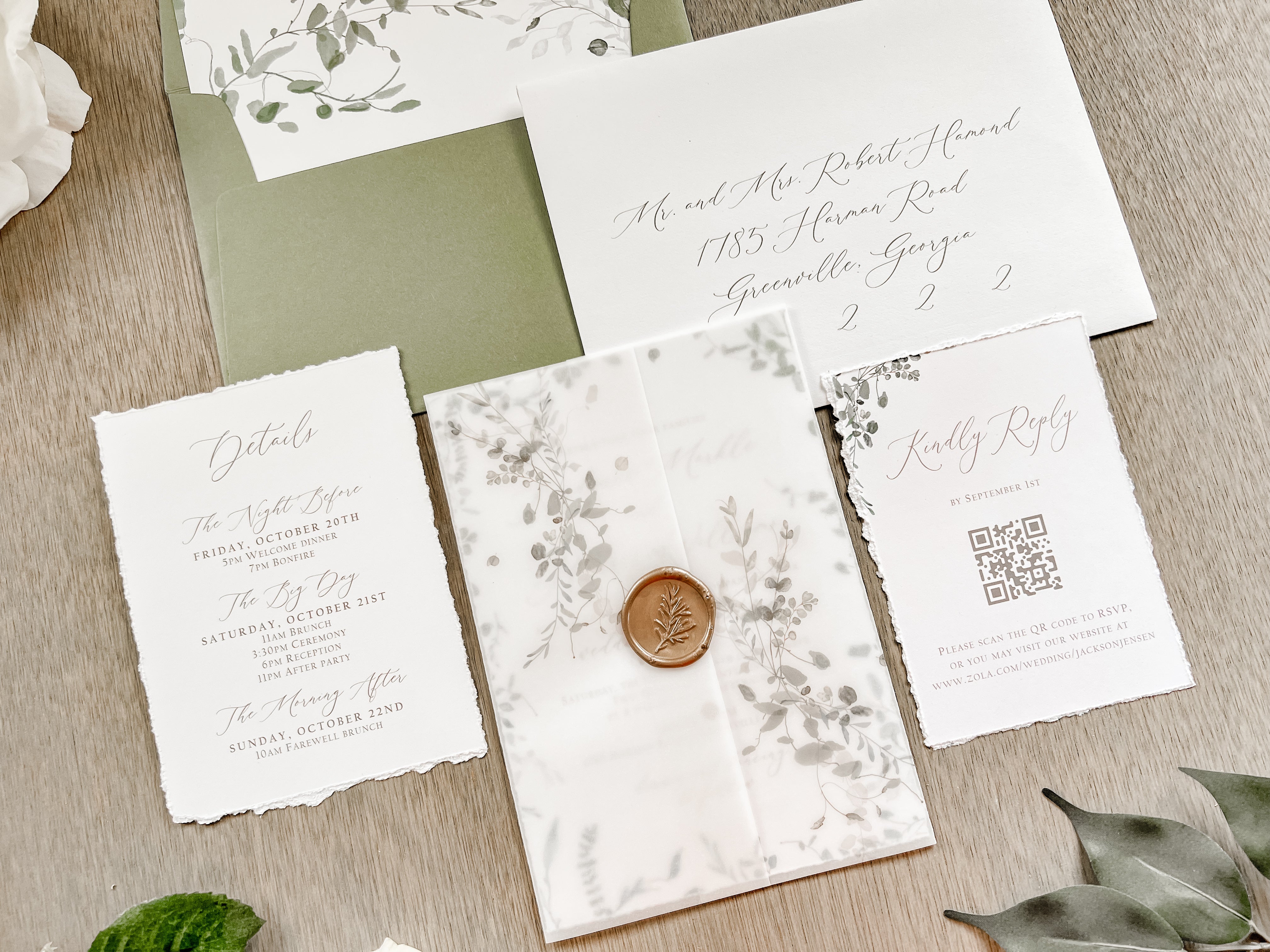 Simple Greenery Wedding Invitation with Eucalyptus, Deckled Edging, Vellum & Wax Seal