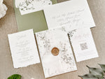 Simple Greenery Wedding Invitation with Eucalyptus, Deckled Edging, Vellum & Wax Seal