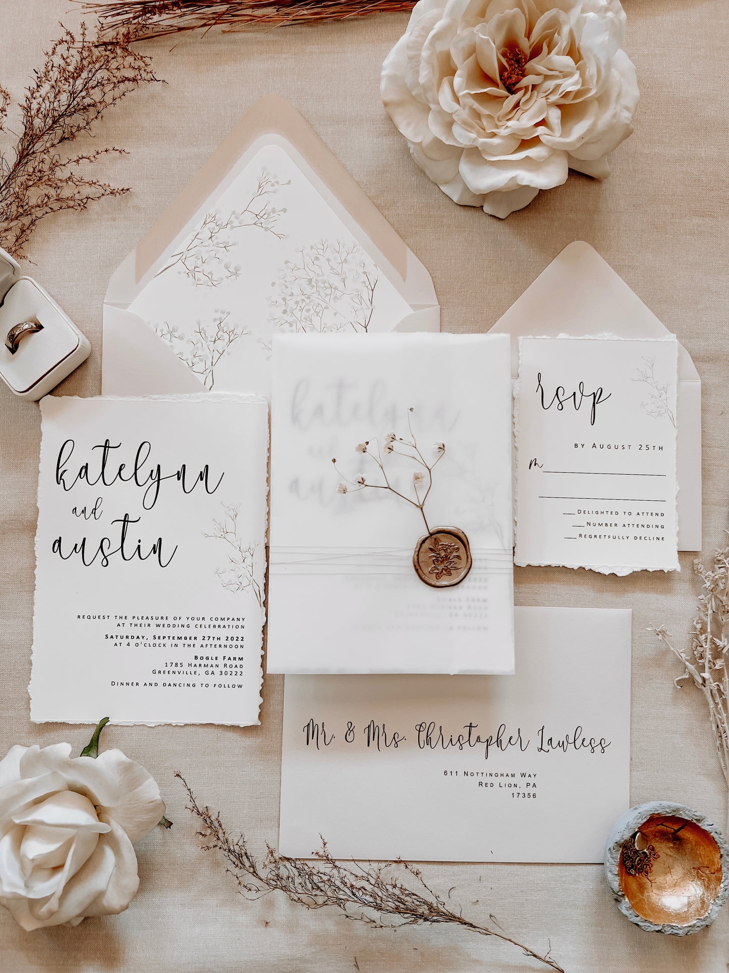 Baby’s Breath Wedding Invitation with Deckled Edging, Vellum Wrap and Wax Seal