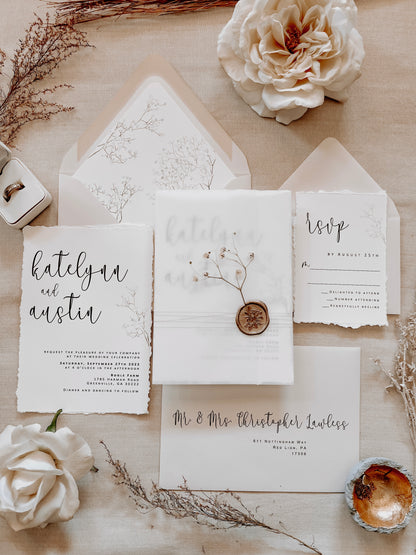 Baby’s Breath Wedding Invitation with Deckled Edging, Vellum Wrap and Wax Seal