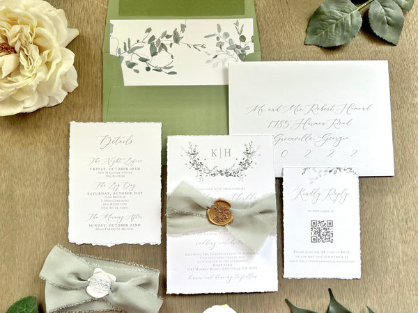 Monogram Laurel Wreath Wedding Invitation with Muted Sage Green Chiffo ...