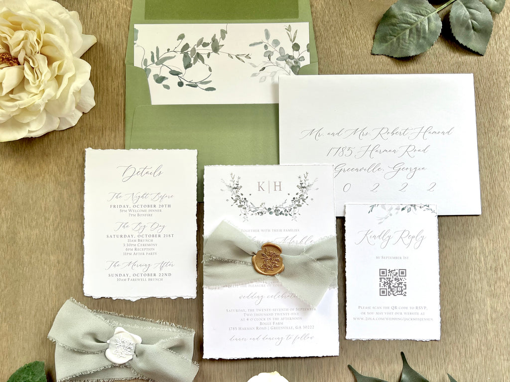 Monogram Laurel Wreath Wedding Invitation with Muted Sage Green Chiffon Ribbon & Wax Seal with Deckled Edging