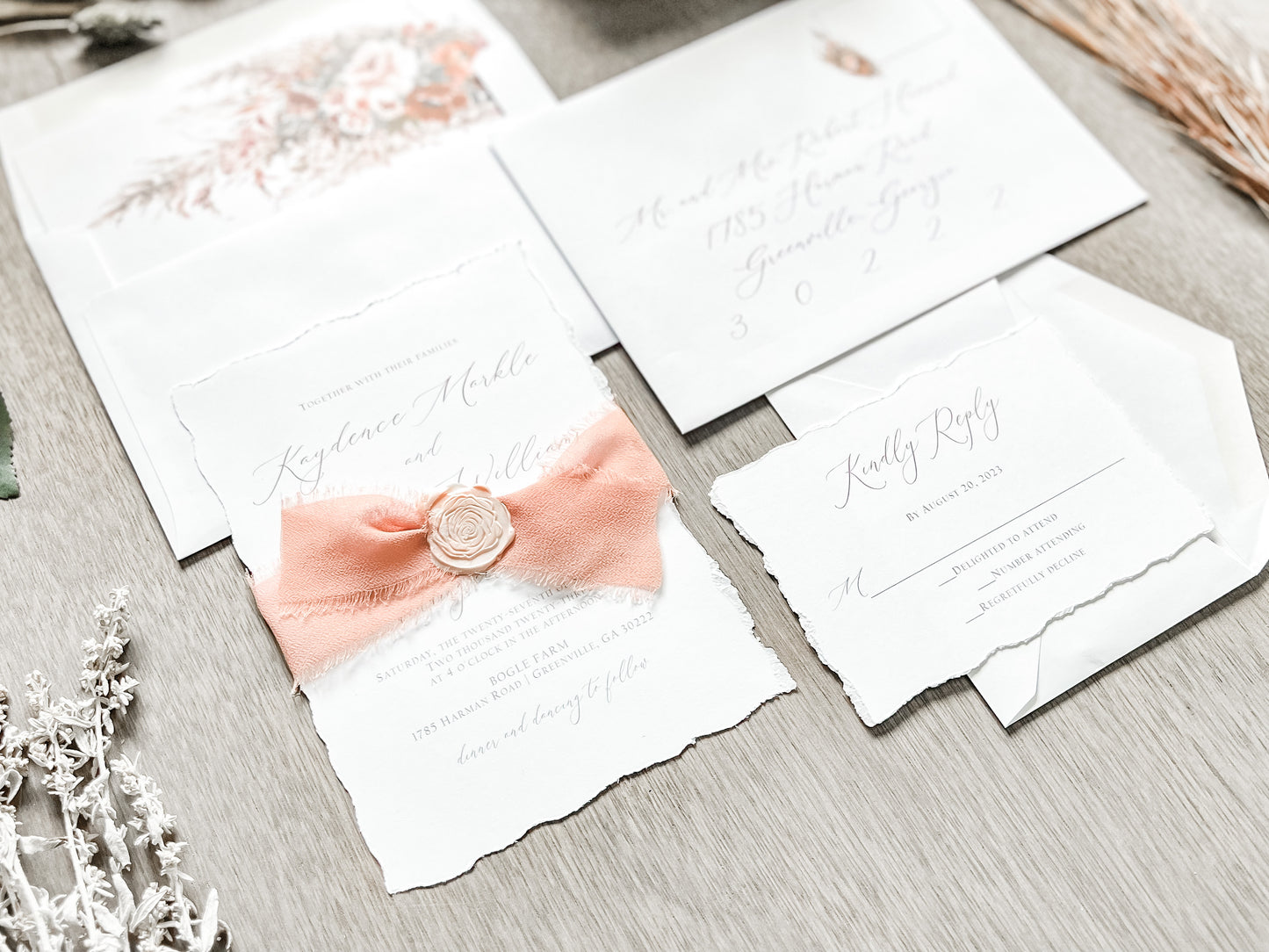 Rose Gold Ribbon Wedding Invitation with Deckled Edging and Blush Pink Wax Seal