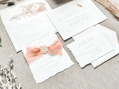 Rose Gold Ribbon Wedding Invitation with Deckled Edging and Blush Pink Wax Seal