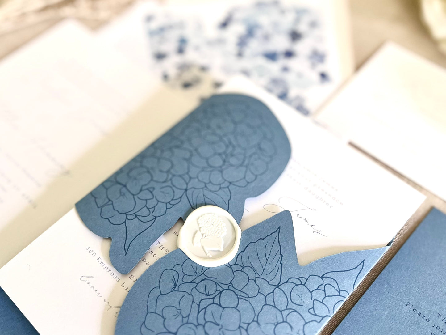 Hydrangea Wedding Invitation with Die Cut Wrap & Wax Seal