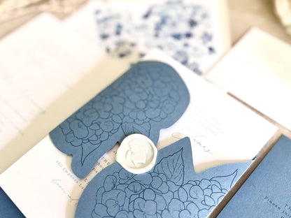 Hydrangea Wedding Invitation with Die Cut Wrap & Wax Seal