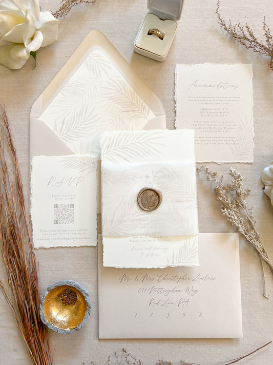 Tropical Palm Leaf Wedding Invitation with Vellum & Wax Seal
