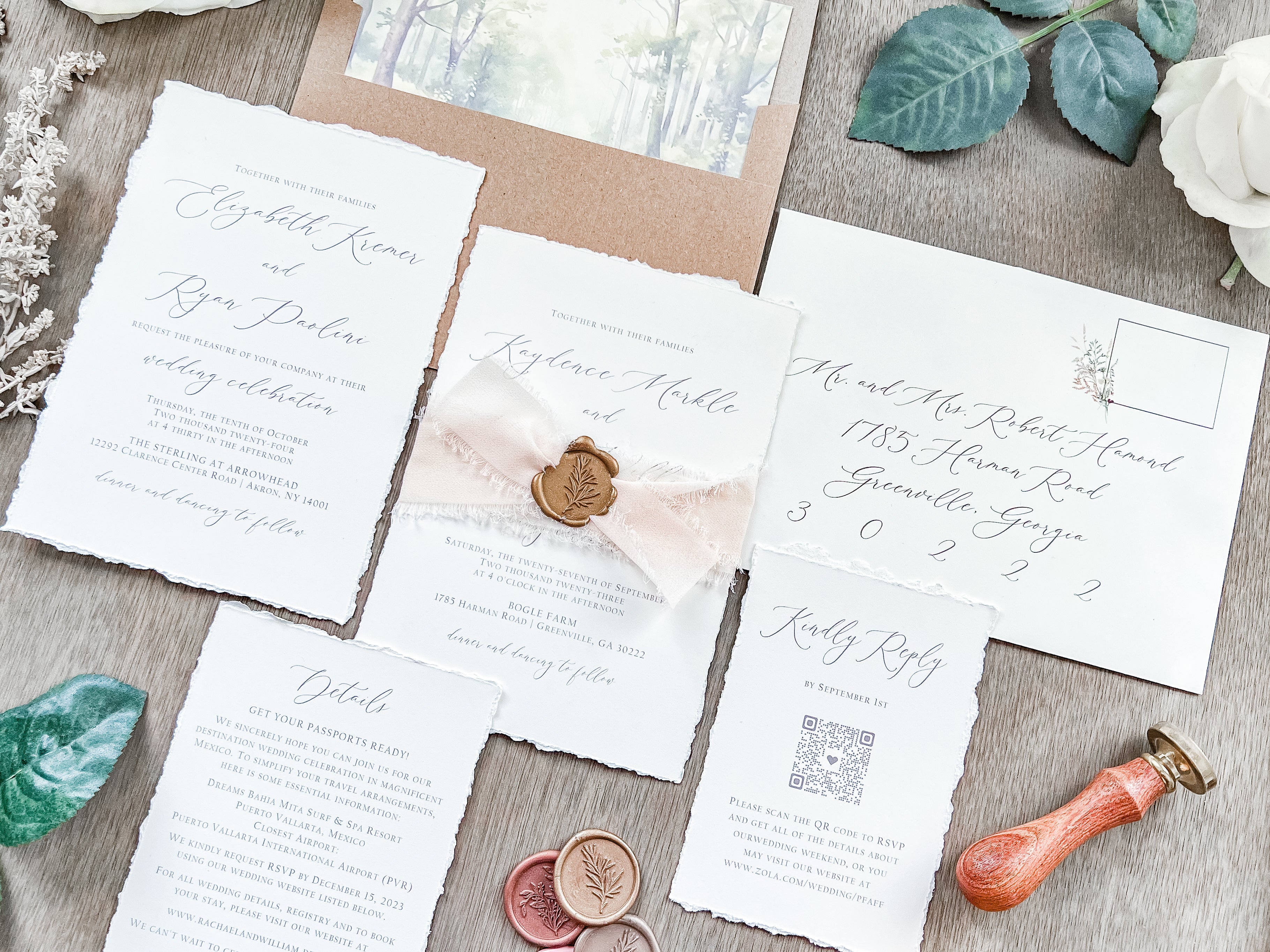 Old Money Wedding Invitation with Deckled Edging, Chiffon Ribbon and Wax Seal