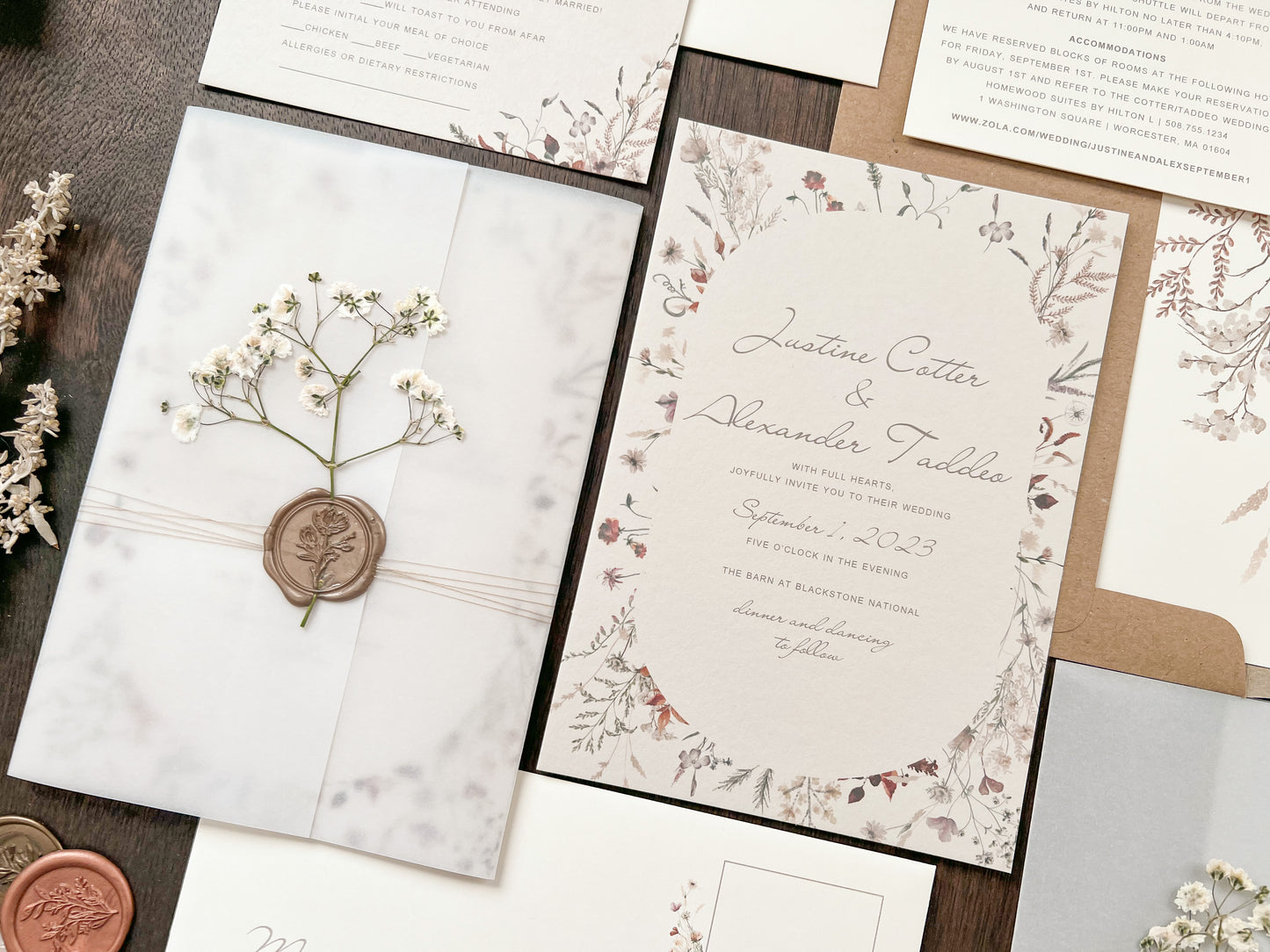 Baby’s Breath Wedding Invitation with Deckled Edging, Vellum Wrap and Wax Seal
