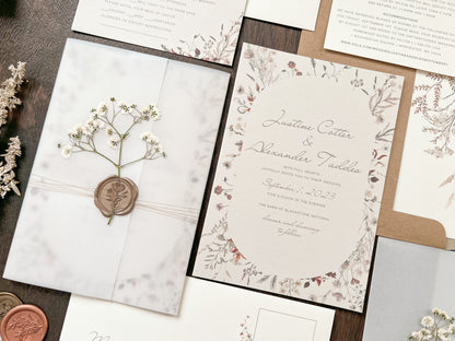 Baby’s Breath Wedding Invitation with Deckled Edging, Vellum Wrap and Wax Seal