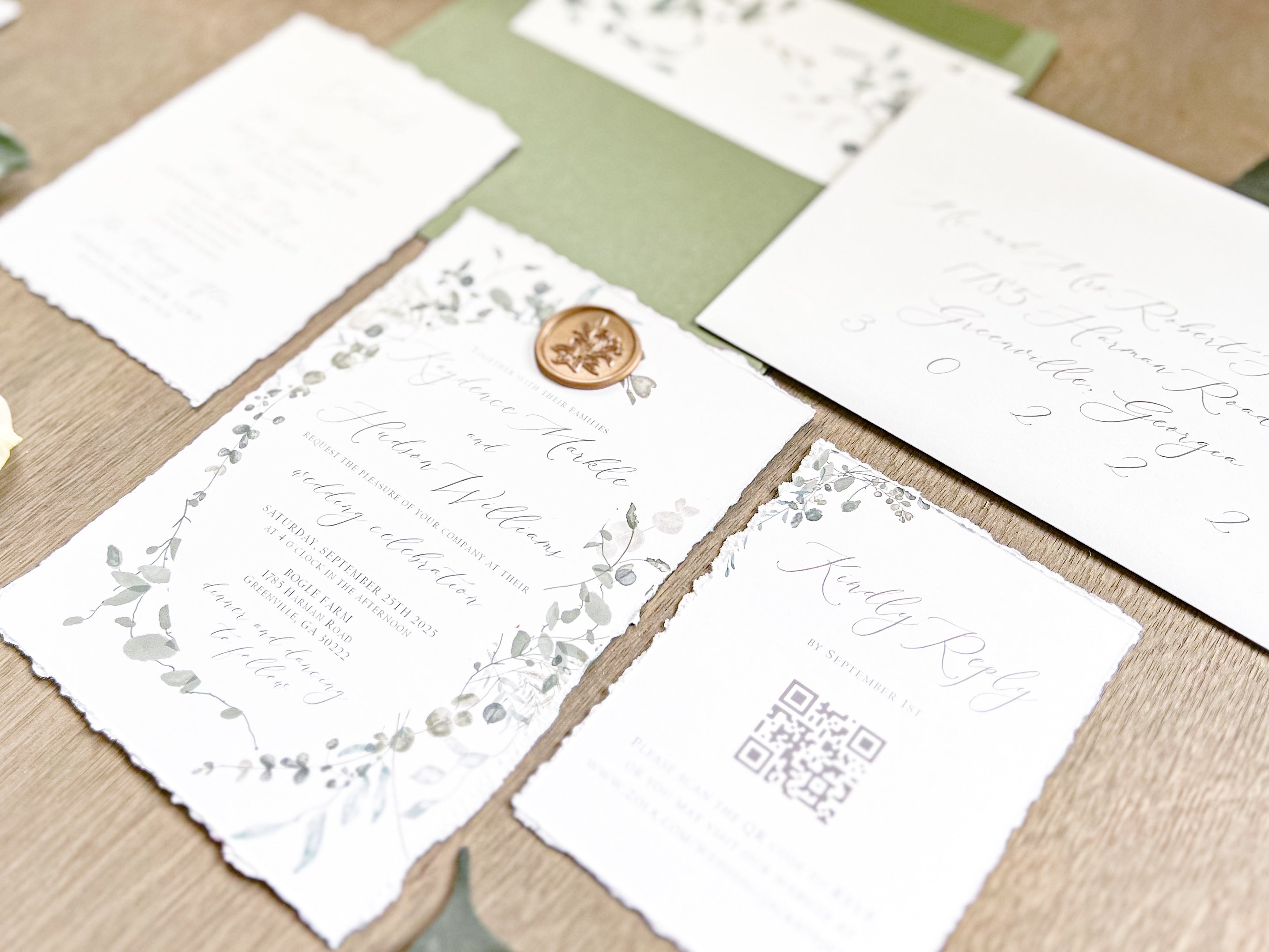 Minimalist Greenery Wedding Invitation with Deckled Edge and Antique Gold Wax Seal