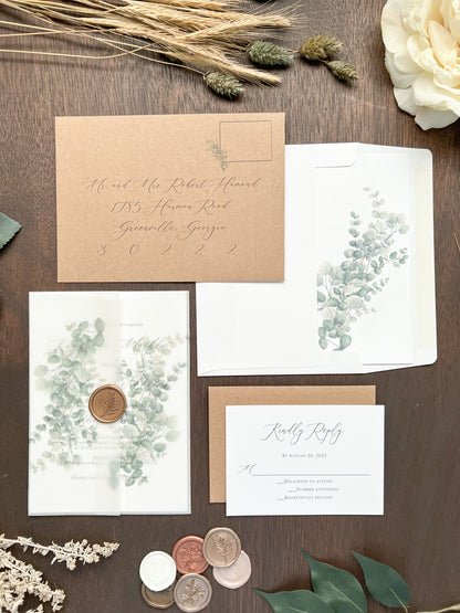 Eucalyptus Vellum Wedding Invitation with Antique Gold Wax Seal