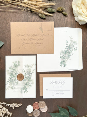 Eucalyptus Vellum Wedding Invitation with Antique Gold Wax Seal