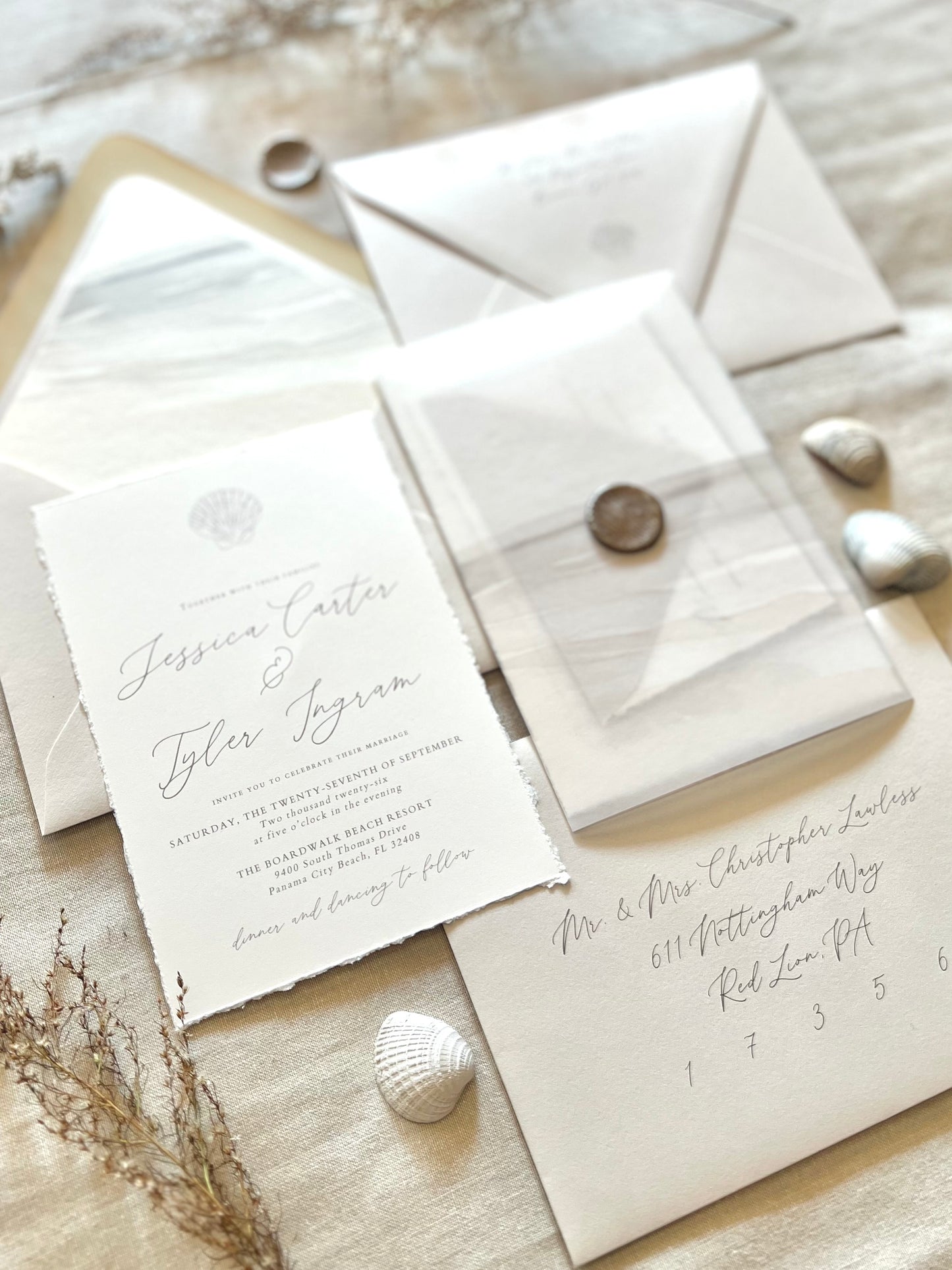 Beach Wedding Invitation with Vellum & Seashell Wax Seal