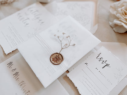 Baby’s Breath Wedding Invitation with Deckled Edging, Vellum Wrap and Wax Seal