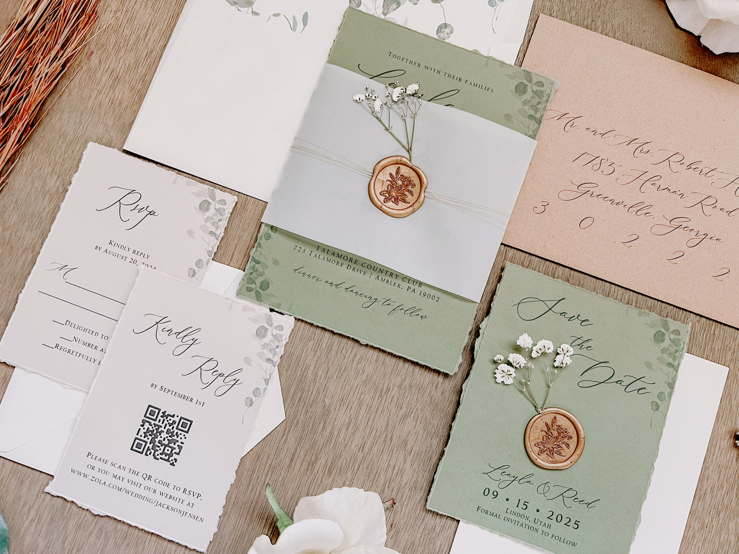 Sage Green and Baby’s Breath Wedding Invitation with Deckled Edging, Vellum Belly Band and Wax Seal