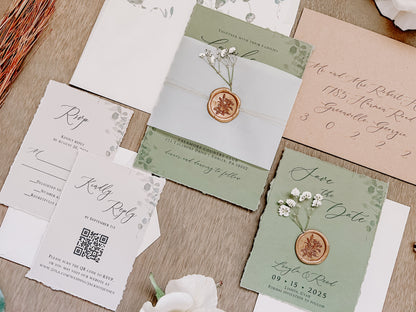 Sage Green and Baby’s Breath Wedding Invitation with Deckled Edging, Vellum Belly Band and Wax Seal
