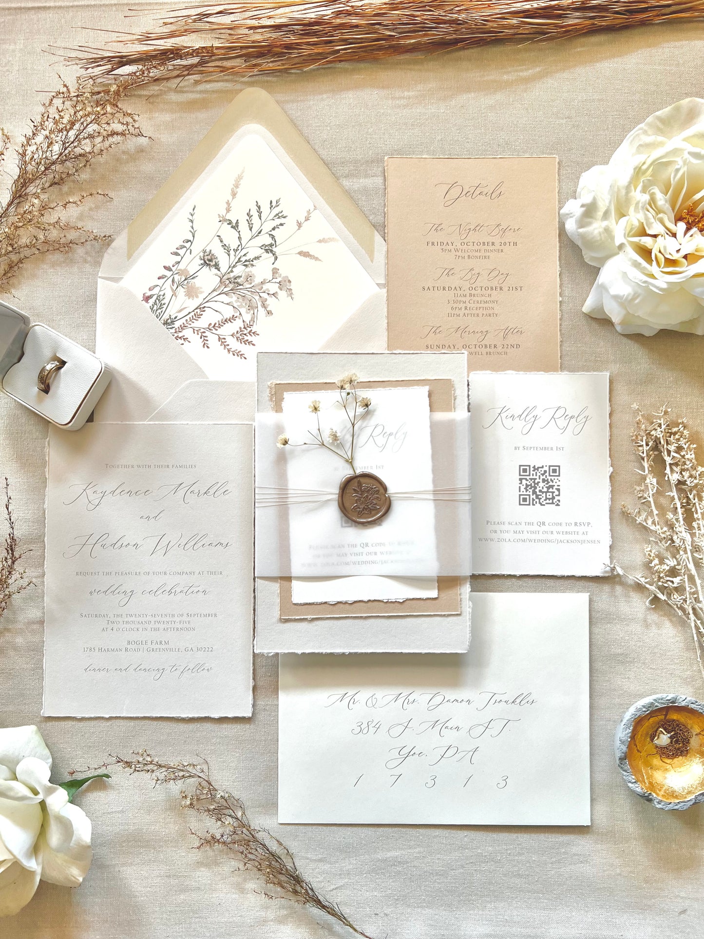 Neutral Baby’s Breath Wedding Invitation with Deckled Edging, Vellum and Wax Seal