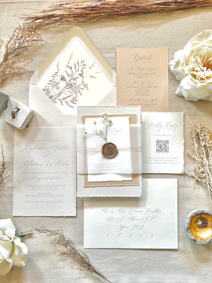 Neutral Baby’s Breath Wedding Invitation with Deckled Edging, Vellum and Wax Seal