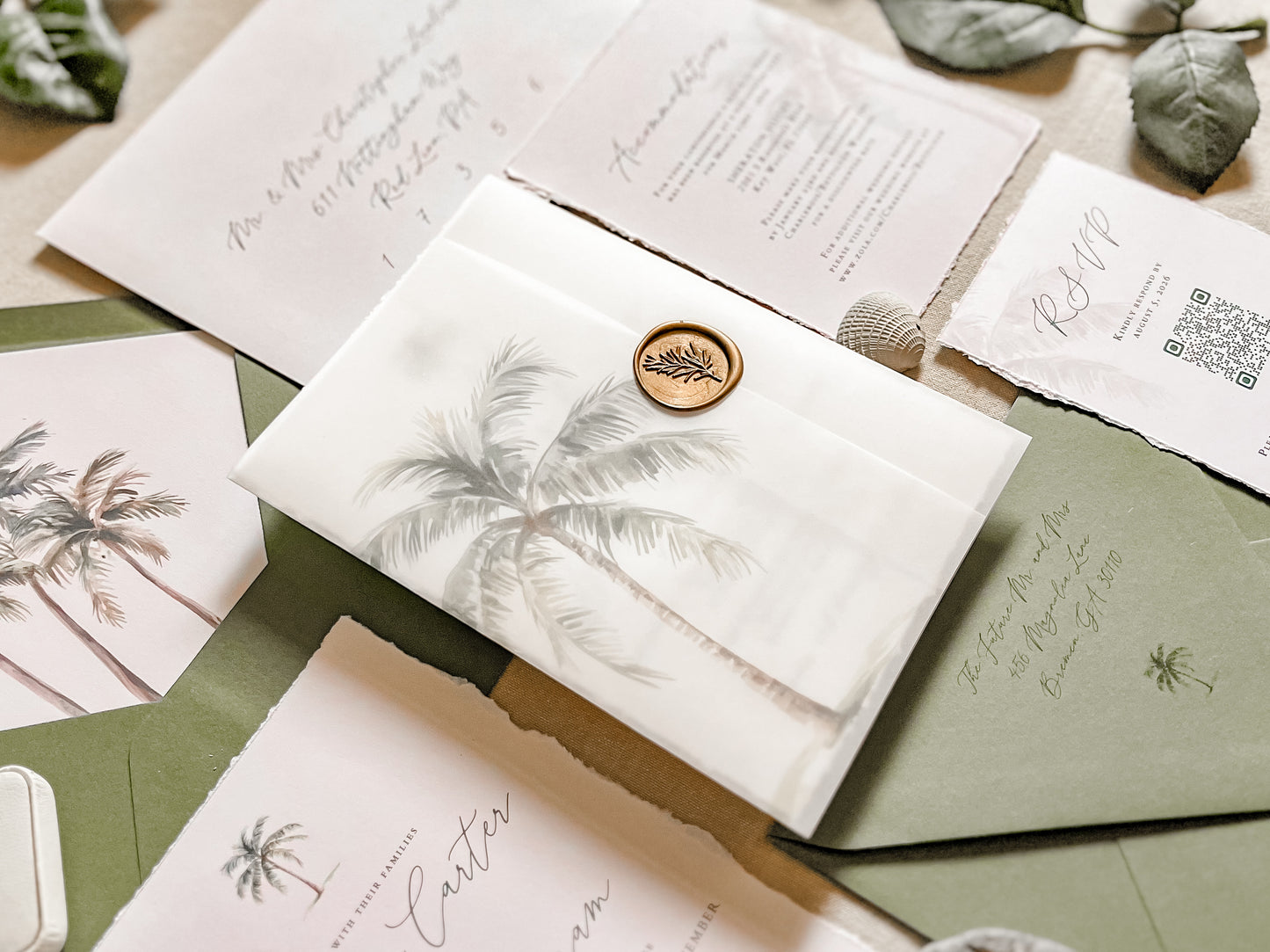 Tropical Wedding Invitation with Palm Tree, Vellum & Wax Seal