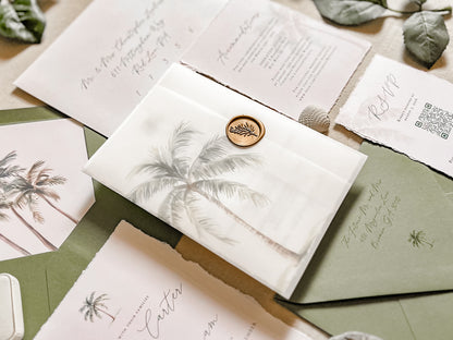 Tropical Wedding Invitation with Palm Tree, Vellum & Wax Seal