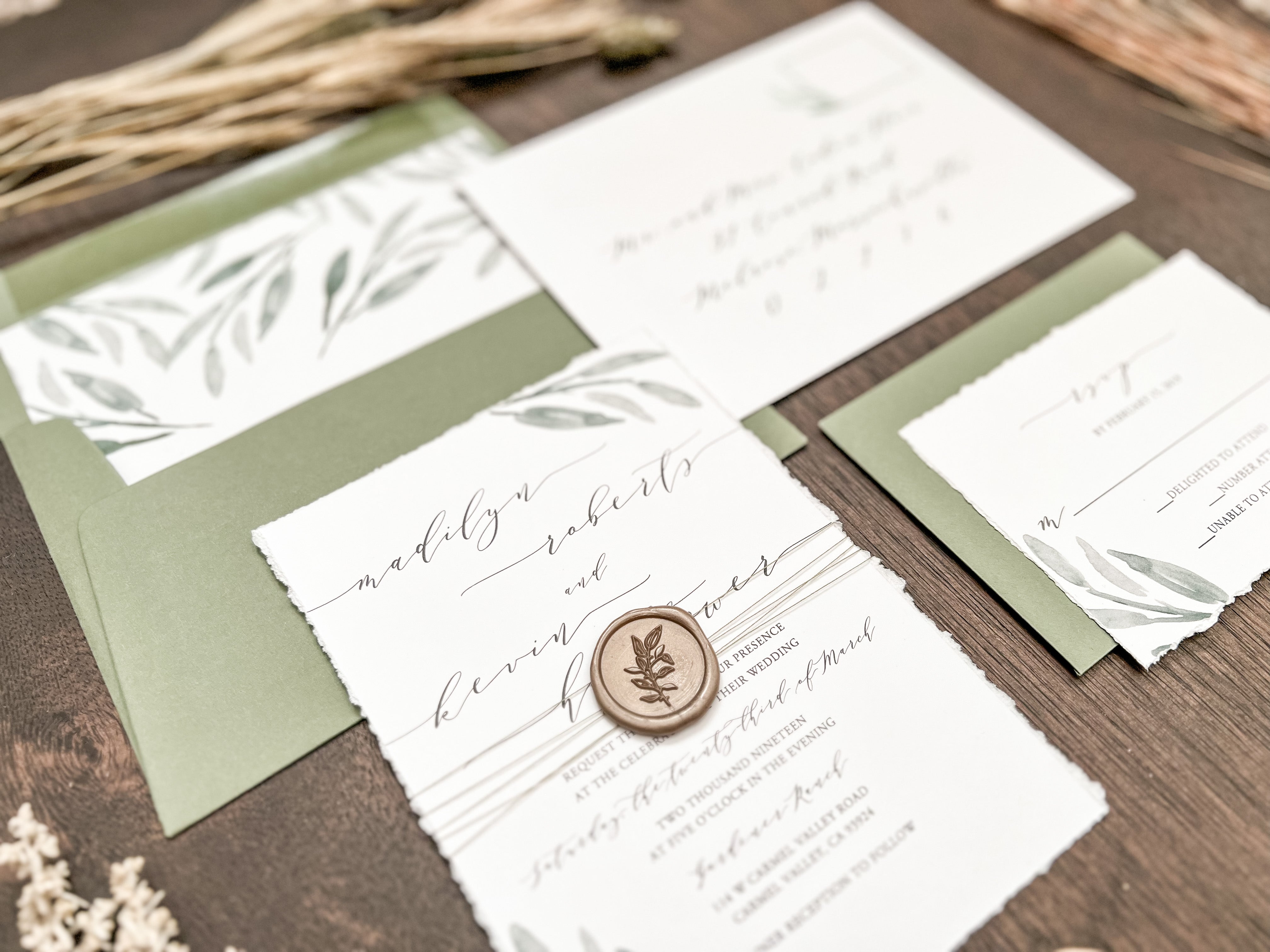 Greenery Deckled Edge Wedding Invitation with Wax Seal & Thread