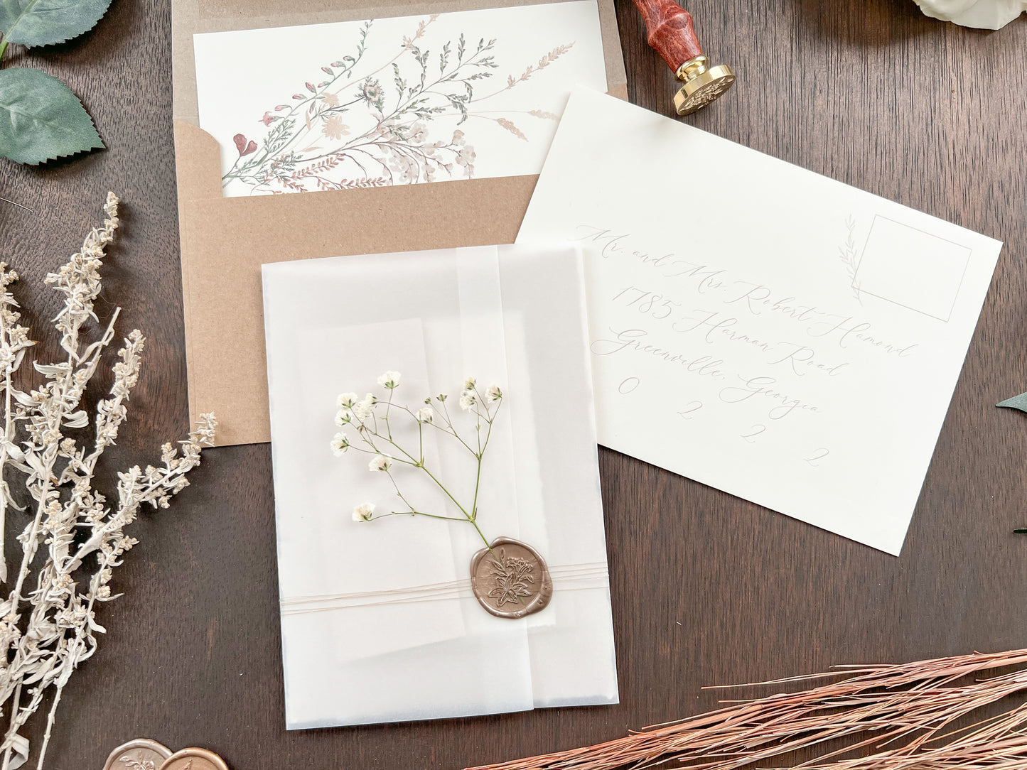 Beige Wedding Invitation with Baby’s Breath, Deckled Edging, Vellum Wrap and Wax Seal