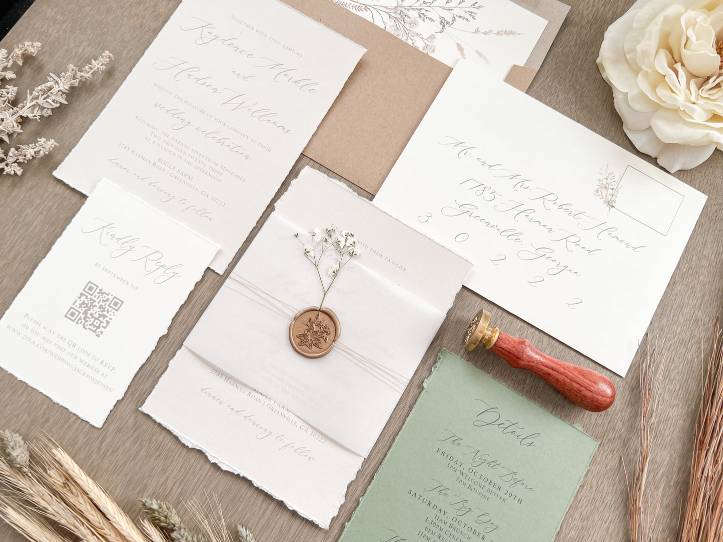 Baby’s Breath Wedding Invitation with Deckled Edging, Baby’s Breath, Vellum Belly Band and Wax Seal