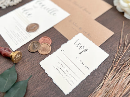 Simple Ivory Wedding Invitation with Deckled Edge, Wax Seal & Thread