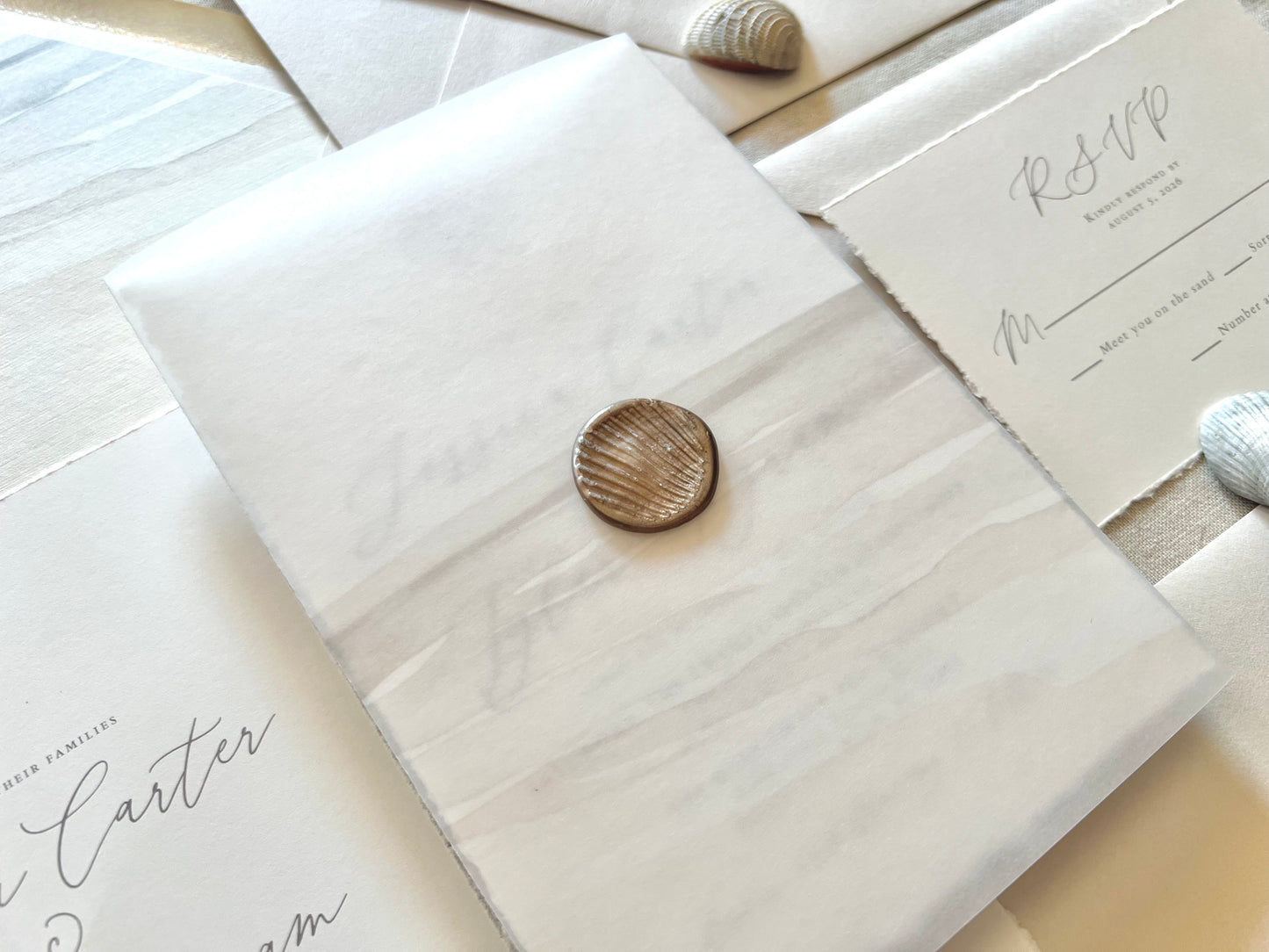 Beach Wedding Invitation with Vellum & Seashell Wax Seal