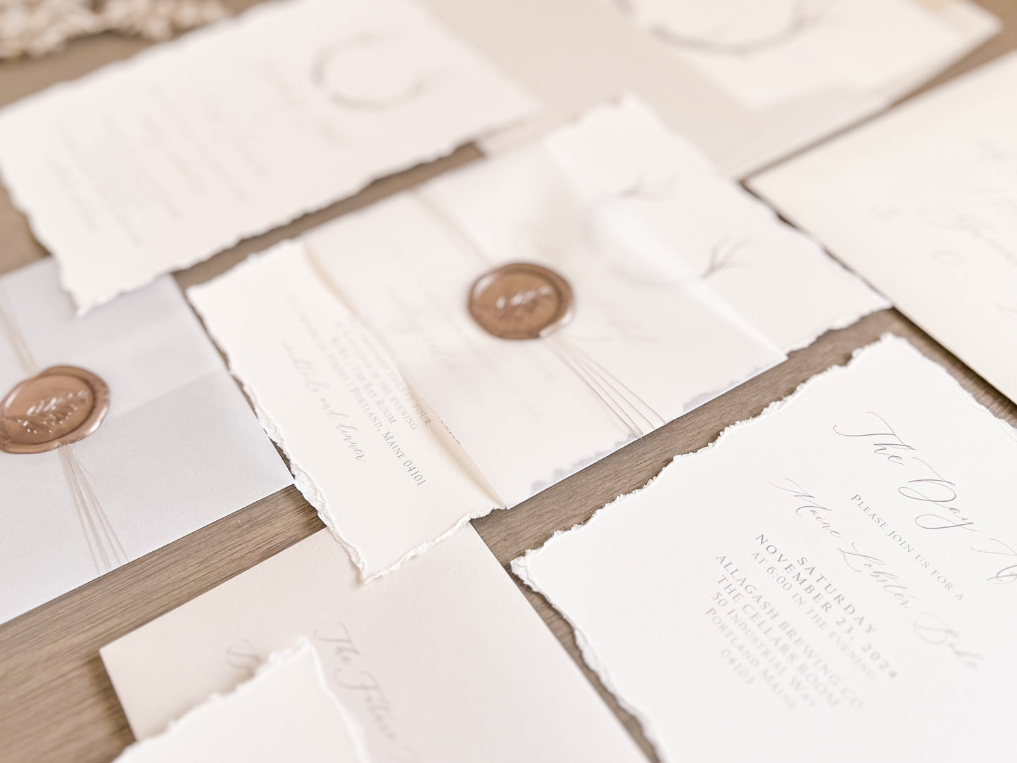 Antler Wedding Invitation with Deckled Edging, Vellum Belly Band and Wax Seal