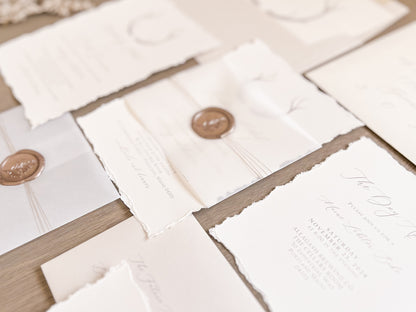 Antler Wedding Invitation with Deckled Edging, Vellum Belly Band and Wax Seal