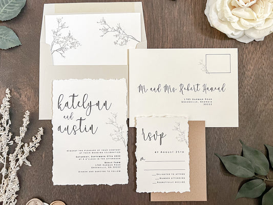Contemporary Deckled Edge Wedding Invitation with Baby’s Breath