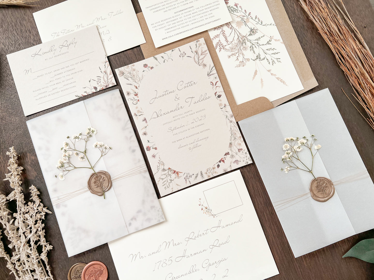 Baby’s Breath Wedding Invitation with Deckled Edging, Vellum Wrap and Wax Seal