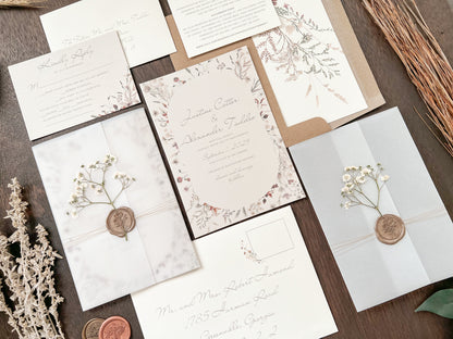 Baby’s Breath Wedding Invitation with Deckled Edging, Vellum Wrap and Wax Seal